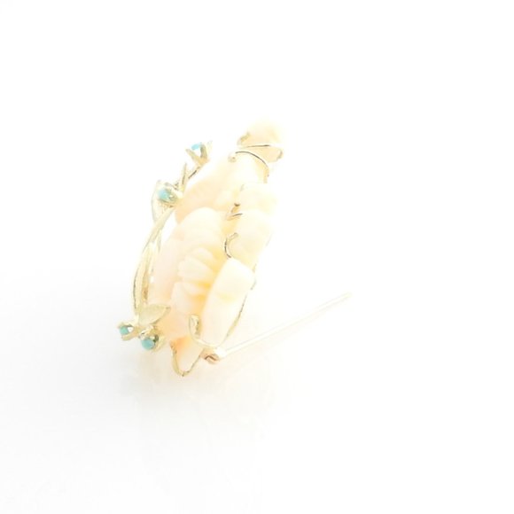 Vintage Angel Skin Coral Brooch Pin 14K Yellow Gold Vintage 14 Karat Yellow Gold Angel Skin Coral and Turquoise Brooch/Pin #6964